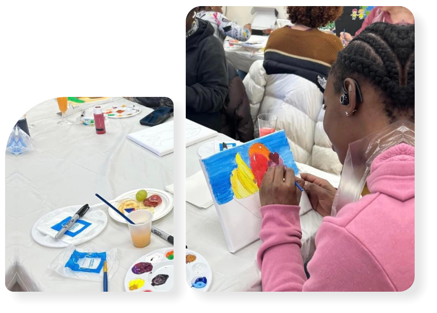female teacher teaching kids how to paint